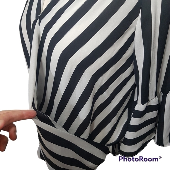 Inc International Concepts Striped Faux Wrap Bell Sleeve Sheer Blouse - Picture 7 of 11